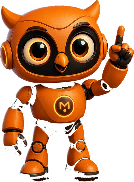 Mussolito, la mascota de Mussol Digital, señalando hacia arriba